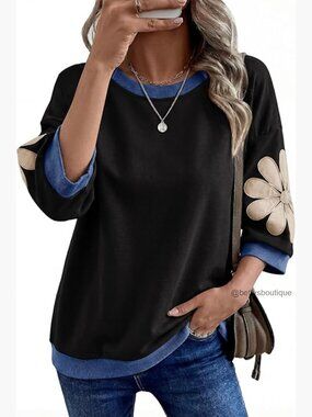 Oversized 3/4 Sleeve Sweatshirt Floral Patch Crewneck Pullover